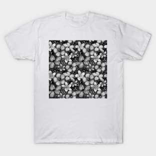 Tropical Flowers Hibiscus and Frangipani Black and White T-Shirt